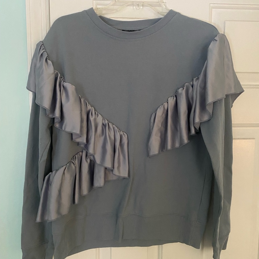 Topshop Gray Ruffled Long Sleeve Sweatshirt